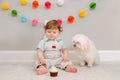 Happy smiling cute Caucasian baby boy celebrating his first birthday at home. Child kid toddler sitting on floor with white pet Royalty Free Stock Photo