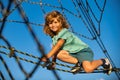 Happy smiling cute little child boy play monkey bars on the web in outdoor playground. Kids in rope park. Funny kids Royalty Free Stock Photo