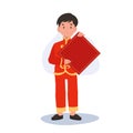 Happy Smiling cute little Child in Chinese Oriental Dress with square Red Paper