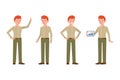 Standing with tablet, showing victory sign boy character. Happy, smiling, cute red hair young office man vector set