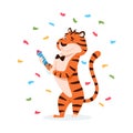 Happy smiling cute tiger with firework cracker. Royalty Free Stock Photo