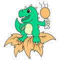 A happy smiling dinosaur holding a fried chicken thigh ready to eat, doodle icon image kawaii Royalty Free Stock Photo