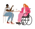 Happy smiling disabled girl in pink clothes sitting in a wheelchair with her friend. Vector illustration in flat cartoon