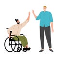 Happy smiling disabled man sitting in a wheelchair and greetings friend with a hand. Vector illustration in flat cartoon