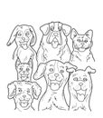 Happy smiling dog face. Group pets animals portrait. Black and white drawing