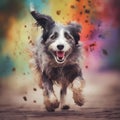 Happy smiling dog, running on through a field of grasses and wildflowers on a sunny Spring day