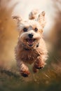 Happy smiling dog, running on through a field of grasses and wildflowers on a sunny Spring day