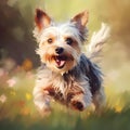 Happy smiling dog, running on through a field of grasses and wildflowers on a sunny Spring day