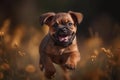 Happy smiling dog, running on through a field of grasses and wildflowers on a sunny Spring day