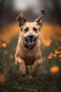 Happy smiling dog, running on through a field of grasses and wildflowers on a sunny Spring day