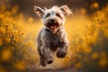 Happy smiling dog, running on through a field of grasses and wildflowers on a sunny Spring day