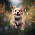 Happy smiling dog, running on through a field of grasses and wildflowers on a sunny Spring day