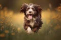 Happy smiling dog, running on through a field of grasses and wildflowers on a sunny Spring day