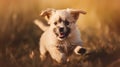 Happy smiling dog, running on through a field of grasses and wildflowers on a sunny Spring day