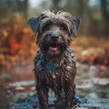 Happy smiling dog, very wet and muddy, running towards the camera, autumn, fall