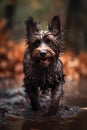 Happy smiling dog, very wet and muddy, running towards the camera, autumn, fall Royalty Free Stock Photo