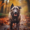 Happy smiling dog, very wet and muddy, running towards the camera, autumn, fall