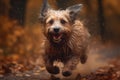 Happy smiling dog, very wet and muddy, running towards the camera, autumn, fall