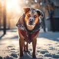 Happy smiling dog, walking in the snow, wearing a dog coat, on a crisp sunny winter day Royalty Free Stock Photo