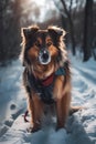 Happy smiling dog, walking in the snow, wearing a dog coat, on a crisp sunny winter day Royalty Free Stock Photo