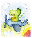 Happy Smiling Dragon Cartoon Character in airplane. Watercolor hand drawn illustration.