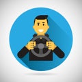 Happy Smiling Driver Character with Car Wheel Icon