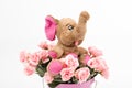 Happy smiling elephant with rose flower bouquet. Iron bucket/container. Image use for birthday, child birth,anniversary, Valentine