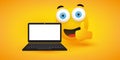 Happy Smiling Emoji, Emoticon with Pop Out Eyes and Laptop Computer Showing Thumbs Up on Yellow Background