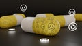 Happy smiling face textured medicine tablets. Antidepressant medication concept. 3D Royalty Free Stock Photo