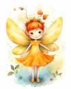 Happy smiling fairy portrait, watercolor illustration, bright sunny colors