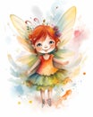 Happy smiling fairy portrait, watercolor illustration, bright sunny colors