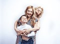 happy smiling family together posing cheerful on white background, lifestyle people concept, mother with son and teenage Royalty Free Stock Photo