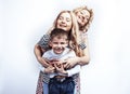 happy smiling family together posing cheerful on white background, lifestyle people concept, mother with son and teenage Royalty Free Stock Photo