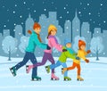Happy smiling family, woman, man, boy and girl ice skating together on ice rink having fun