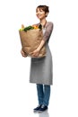 happy smiling female chef with food in wooden box Royalty Free Stock Photo