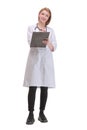 Happy smiling female doctor with stethoscope writing on clipboard Royalty Free Stock Photo