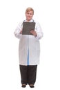 Happy smiling female doctor with stethoscope writing on clipboard Royalty Free Stock Photo