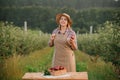 Happy smiling female farmer worker crop picking fresh ripe apples in orchard garden during autumn harvest. Harvesting time Royalty Free Stock Photo