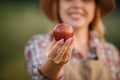 Happy smiling female farmer worker holding picking fresh ripe apples in orchard garden during autumn harvest. Harvesting time Royalty Free Stock Photo