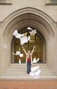 Happy, smiling, female woman college university student celebrating after finishing completing tests exams Royalty Free Stock Photo