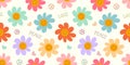 Happy flower face pattern. 70s retro hippie groovy background