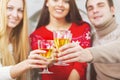 Happy smiling friends drinking champagne by the Cristmas tree Royalty Free Stock Photo