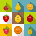 Happy smiling fruit icons set, flat style Royalty Free Stock Photo