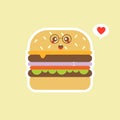 Happy smiling funny cute burger. Vector flat cartoon character illustration icon design. Isolated on color background. Burger, Royalty Free Stock Photo