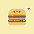 Happy smiling funny cute burger. Vector flat cartoon character illustration icon design. Isolated on color background. Burger, Royalty Free Stock Photo