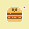 Happy smiling funny cute burger. Vector flat cartoon character illustration icon design. Isolated on color background. Burger, Royalty Free Stock Photo