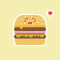 Happy smiling funny cute burger. Vector flat cartoon character illustration icon design. Isolated on color background. Burger, Royalty Free Stock Photo