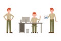 Sitting at the desk, standing with tablet, pointing finger boy character. Happy, smiling, funny, red hair young office man vector