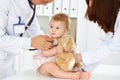 Happy smiling girl-child at usual medical inspection. Doctor and female toddler patient in the clinic. Medicine concept Royalty Free Stock Photo