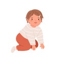 Happy smiling girl crawling. Portrait of kid in home clothes. Little child moving on knees and hands. Flat vector Royalty Free Stock Photo